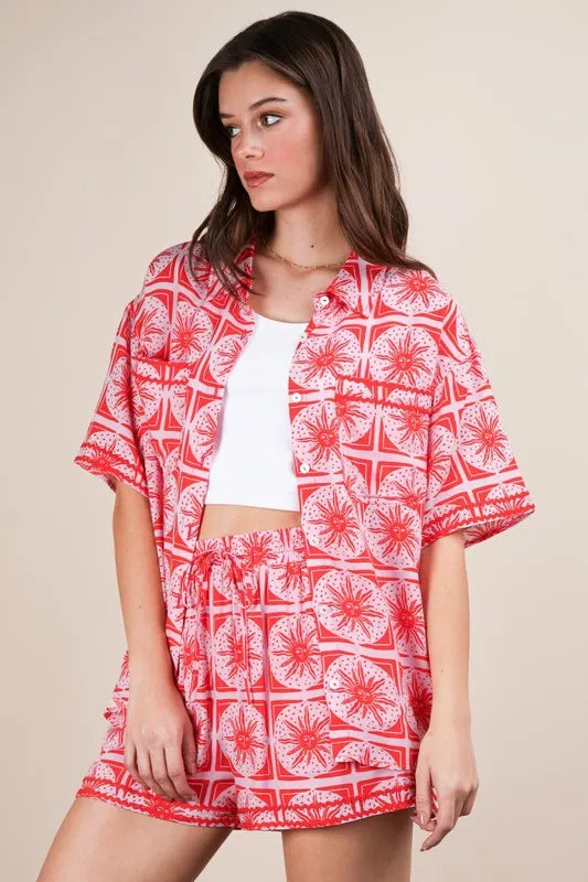 VERY J Full Size Tropical Printed Shirt Top and Shorts Set Plus Size Carauana Store