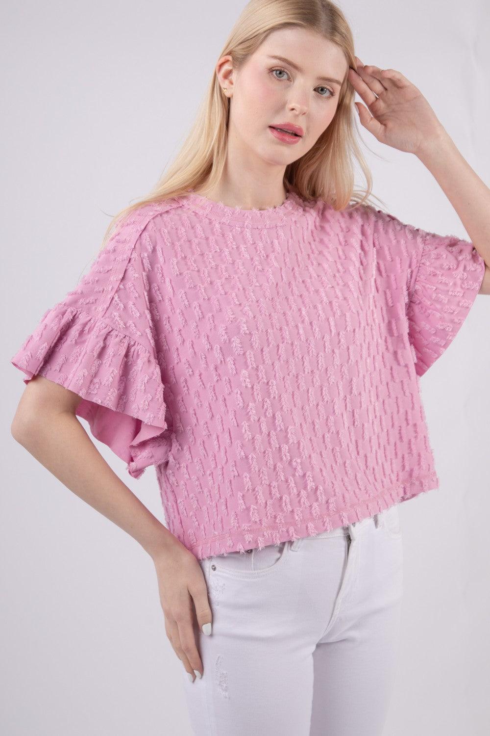 VERY J Full Size Texture Ruffle Short Sleeve Top Carauana Store