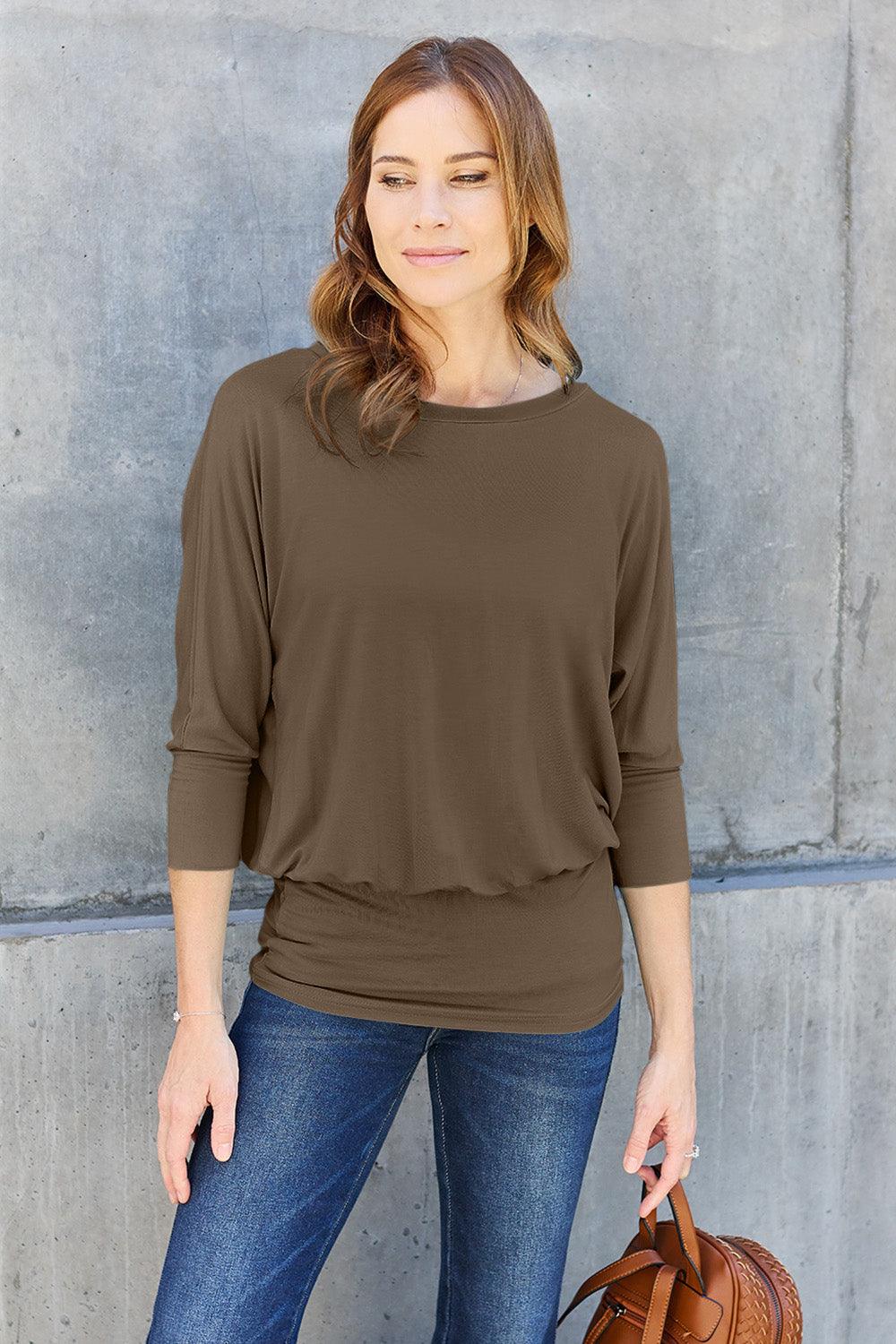 Basic Bae Full Size Round Neck Batwing Sleeve Blouse Carauana Store