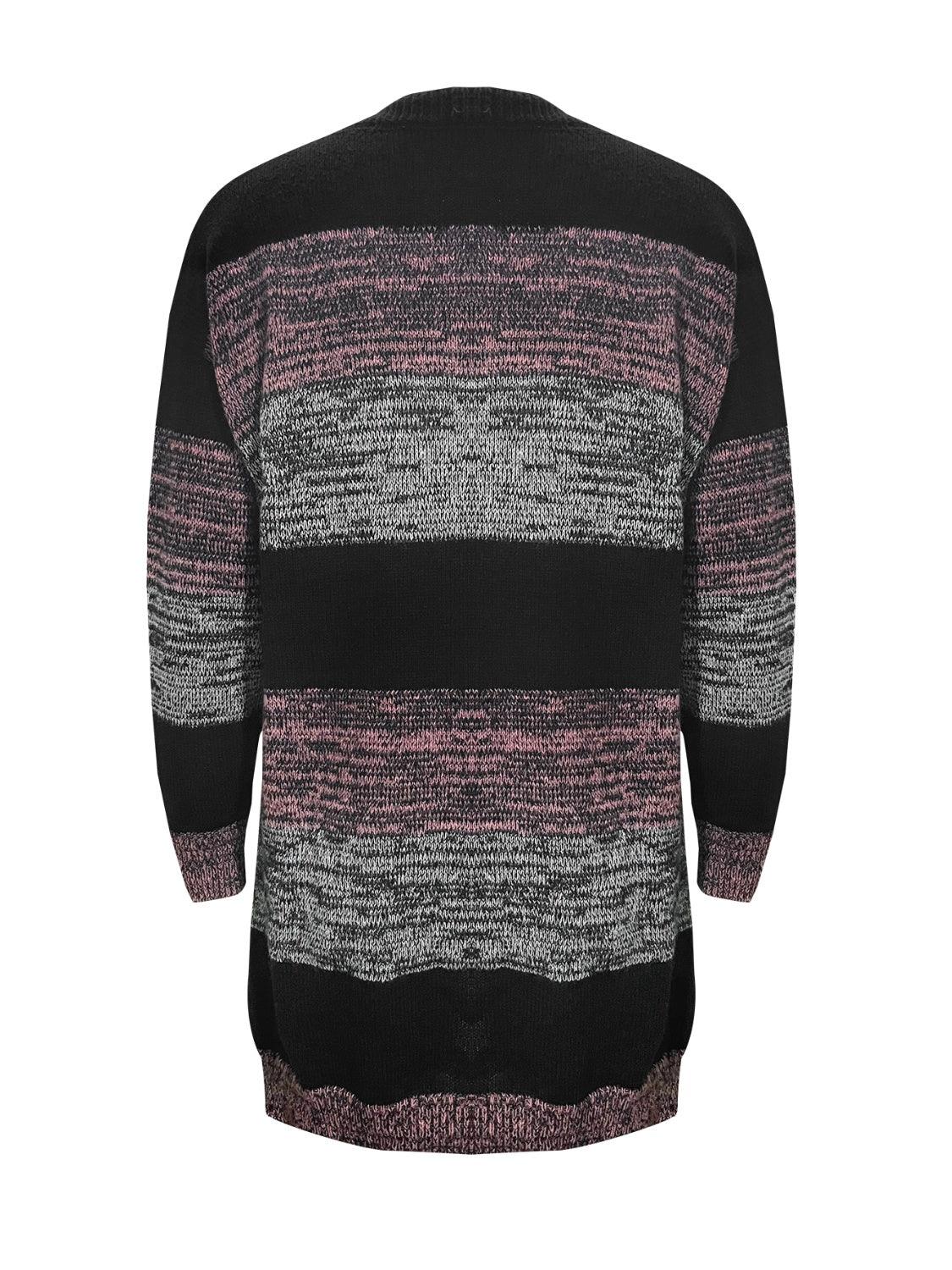 Striped Open Front Long Sleeve Cardigan with Pockets Carauana Store