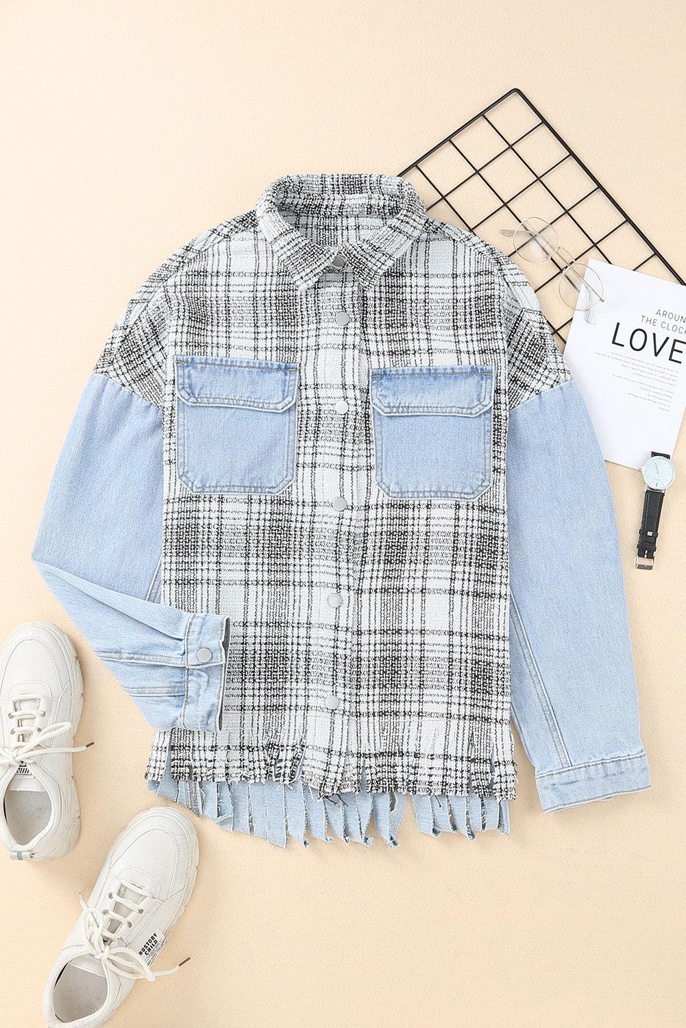 Plaid Pocketed Snap Down Denim Jacket Carauana Store