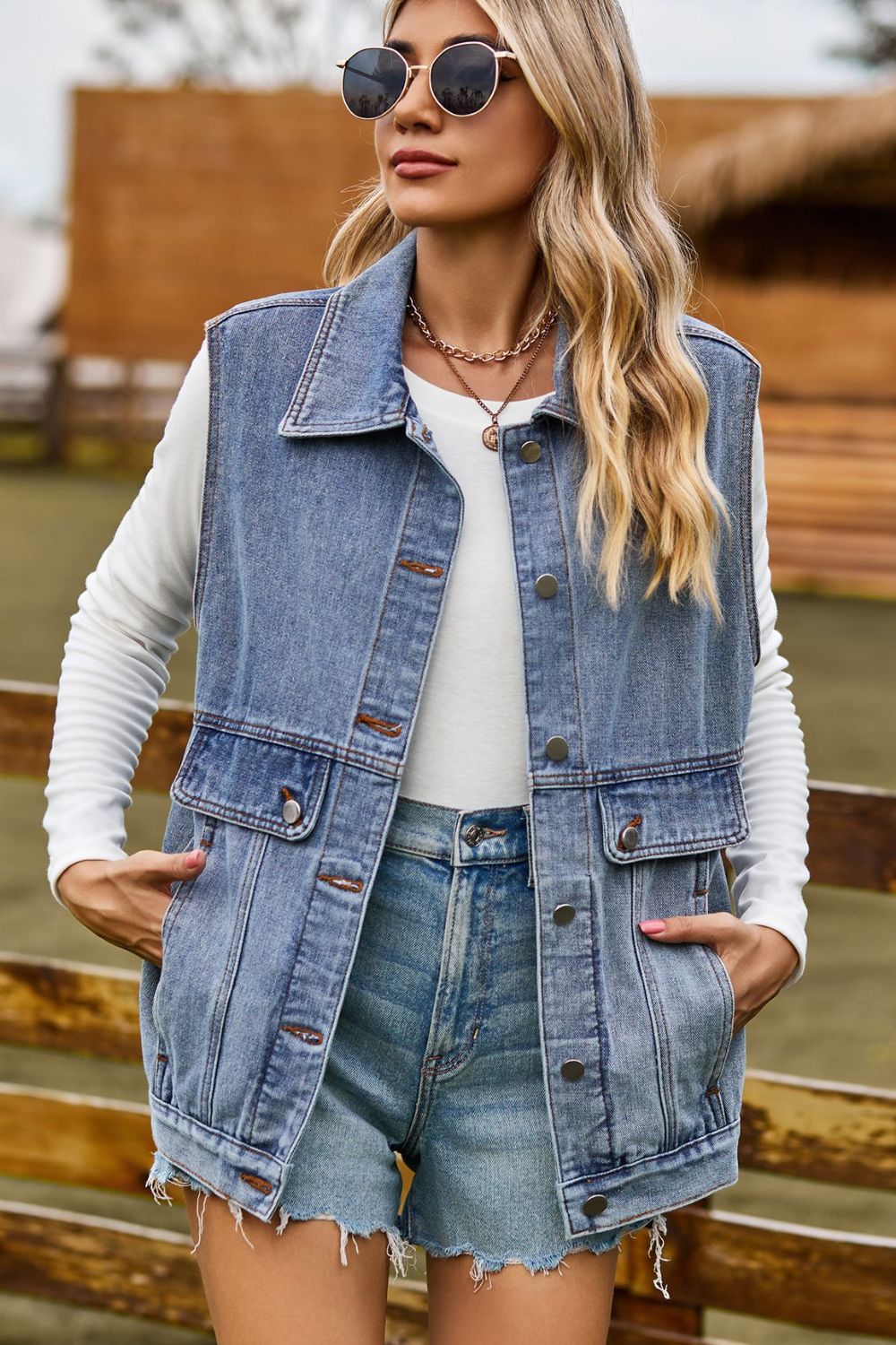 Sleeveless Collared Neck Denim Top with Pockets Carauana Store
