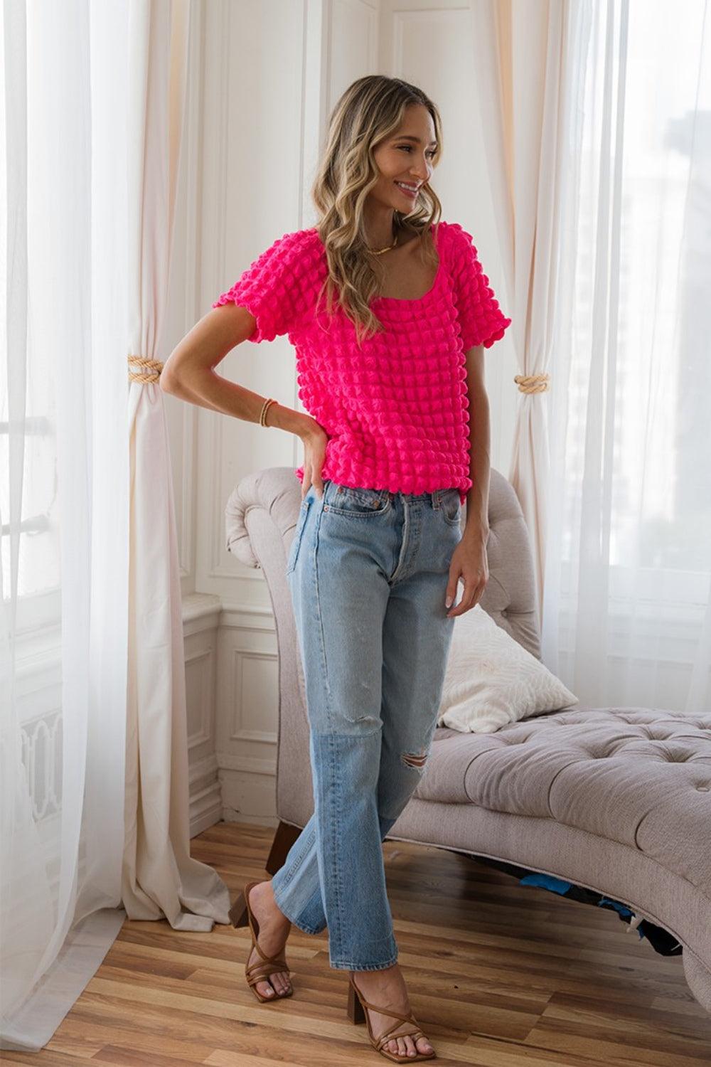 Sew In Love Bubble Textured Round Neck Short Sleeve T-Shirt Carauana Store