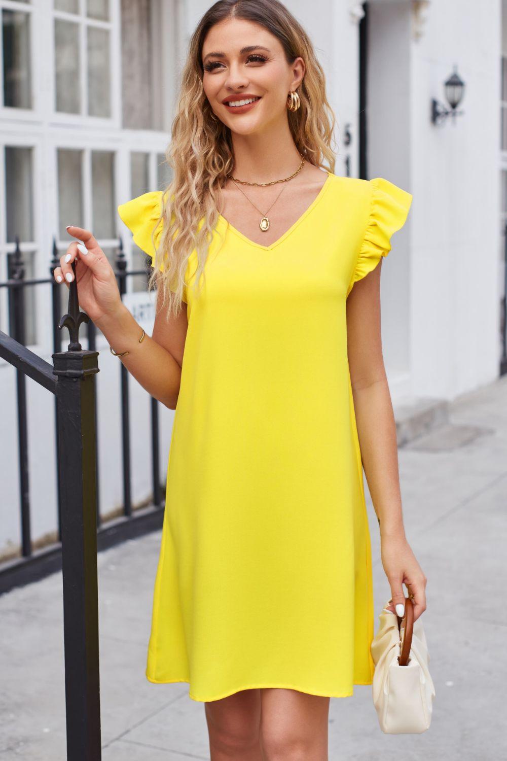 Ruffled V-Neck Flutter Sleeve Dress Carauana Store