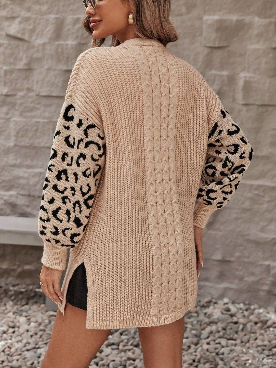 Pocketed Leopard Open Front Cardigan Carauana Store