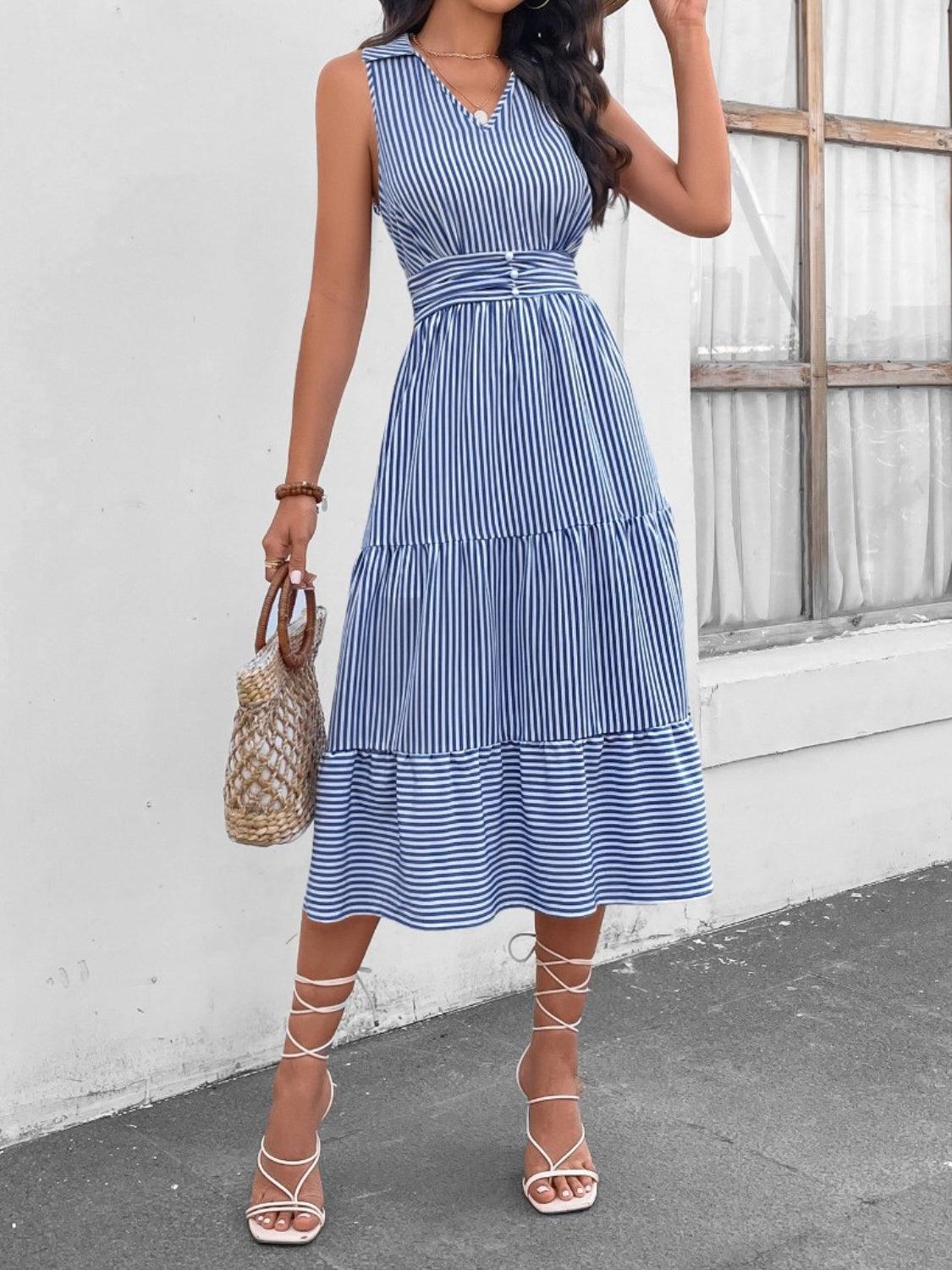 Striped Johnny Collar Sleeveless Midi Dress Carauana Store