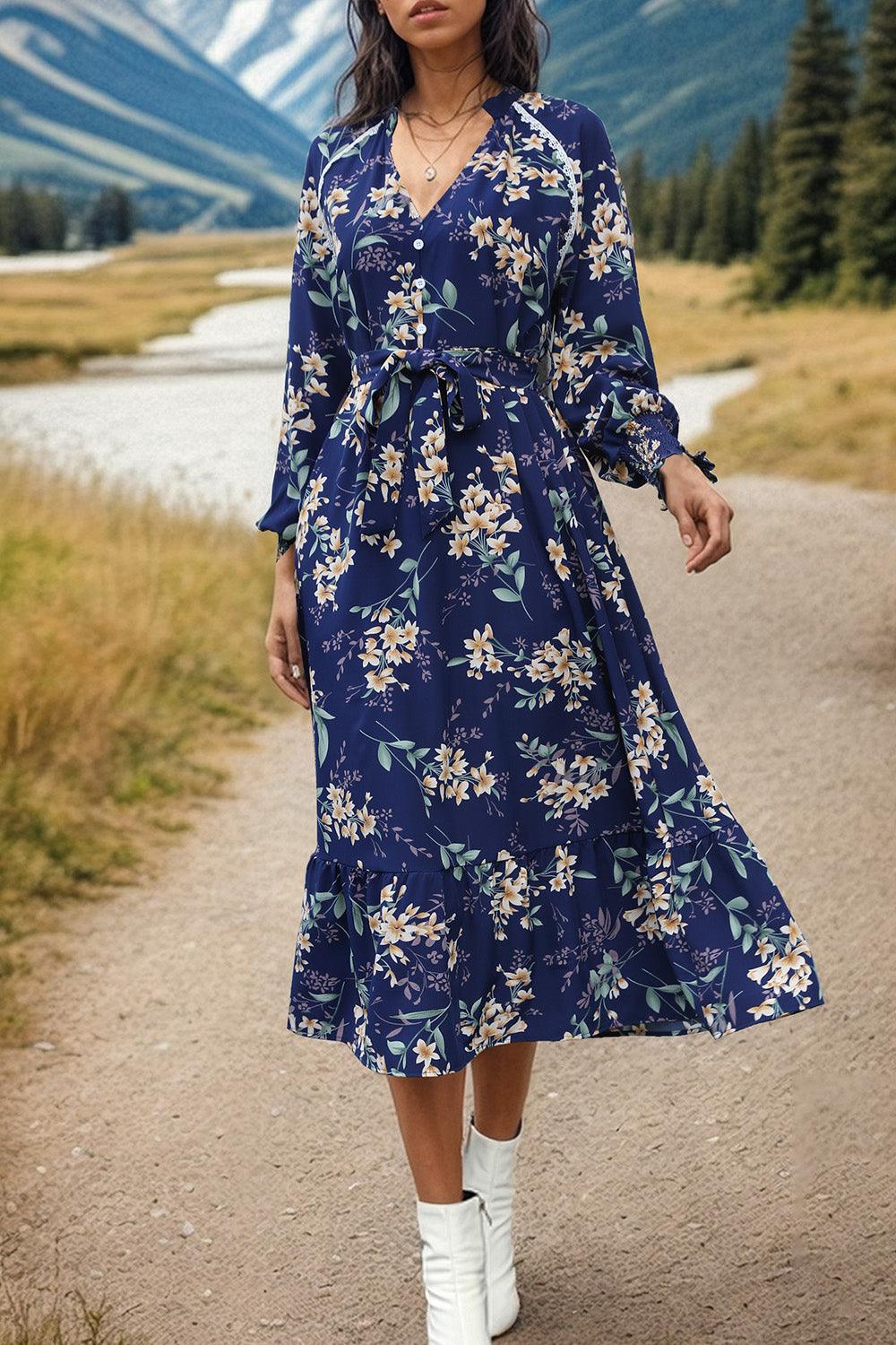 Printed Notched Lantern Sleeve Midi Dress Carauana Store