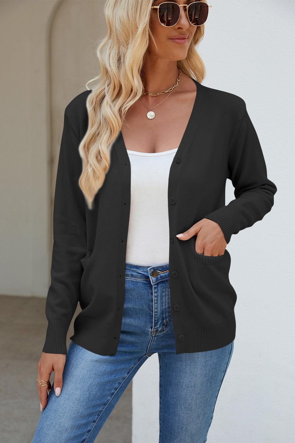 Pocketed V-Neck Button Up Long Sleeve Cardigan Carauana Store