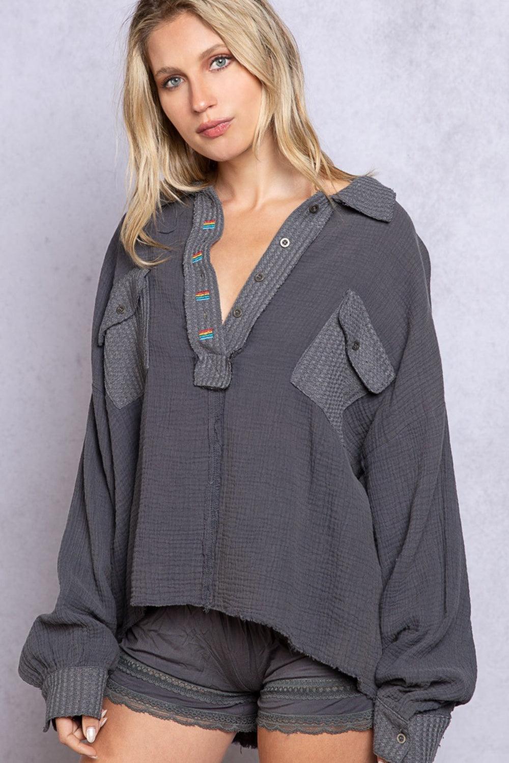 POL Texture Half Button Long Sleeve Top Carauana Store