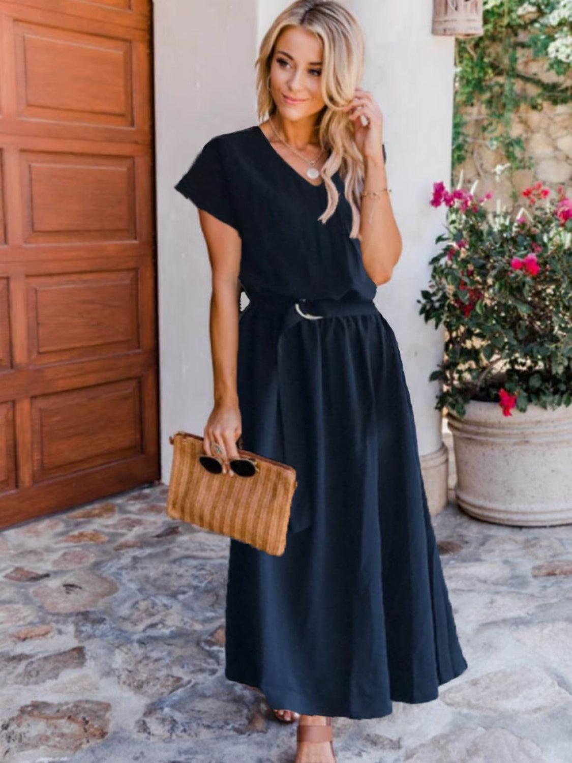 Ruched V-Neck Cap Sleeve Dress Carauana Store