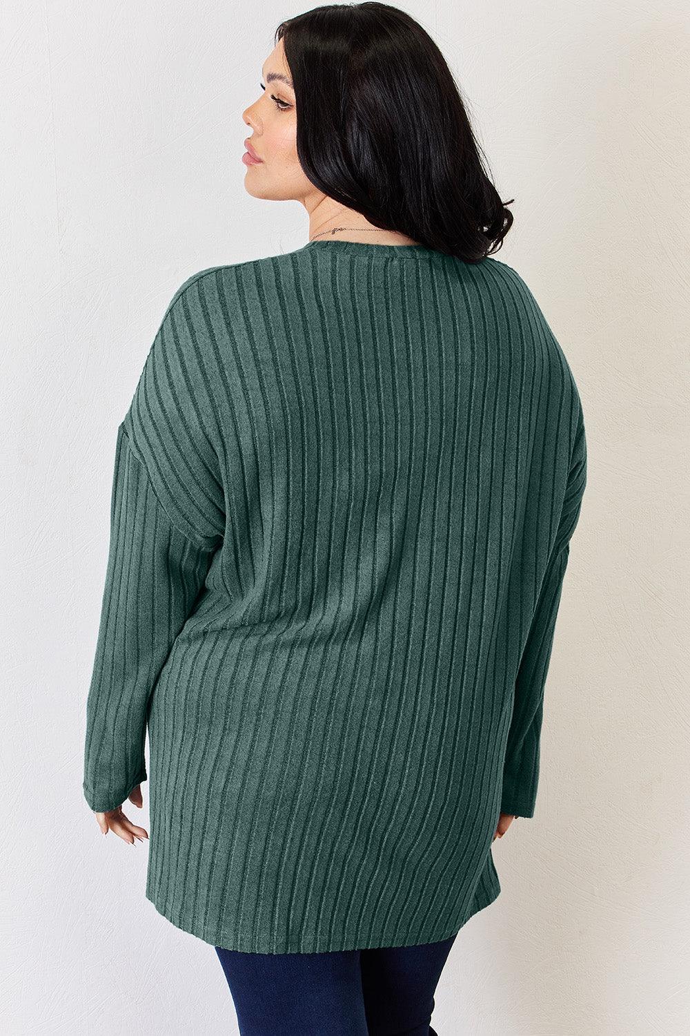 Basic Bae Full Size Ribbed Half Button Long Sleeve High-Low T-Shirt Carauana Store