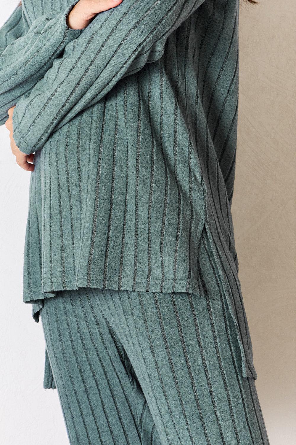 Basic Bae Full Size Ribbed Round Neck High-Low Slit Top and Pants Set Carauana Store