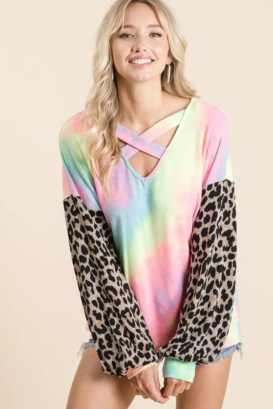 BiBi Tie Dye Terry Top with Leopard Puff Sleeves Carauana Store