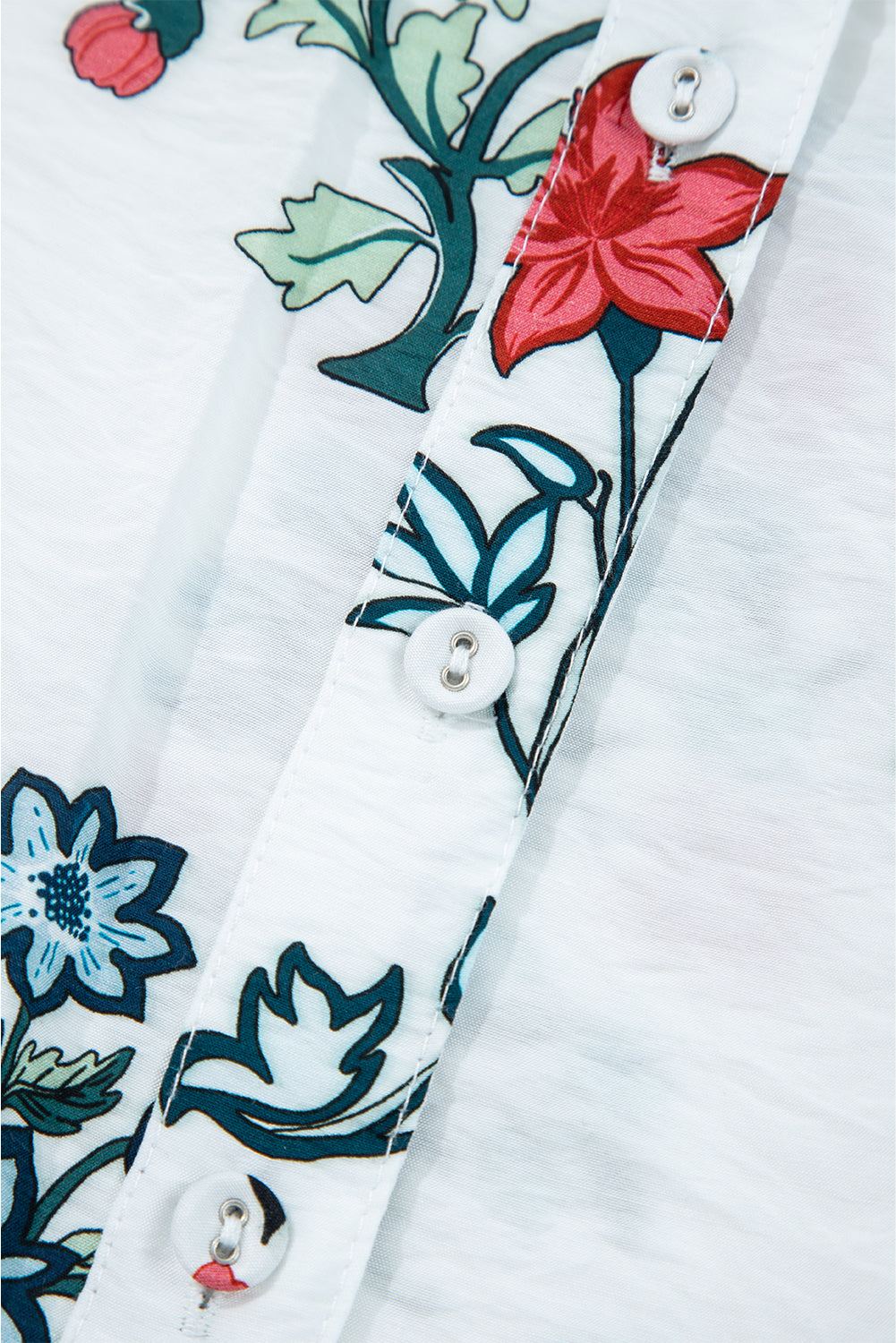 White Floral Print Frilled Collar V Neck Button Down Long Sleeve Shirt