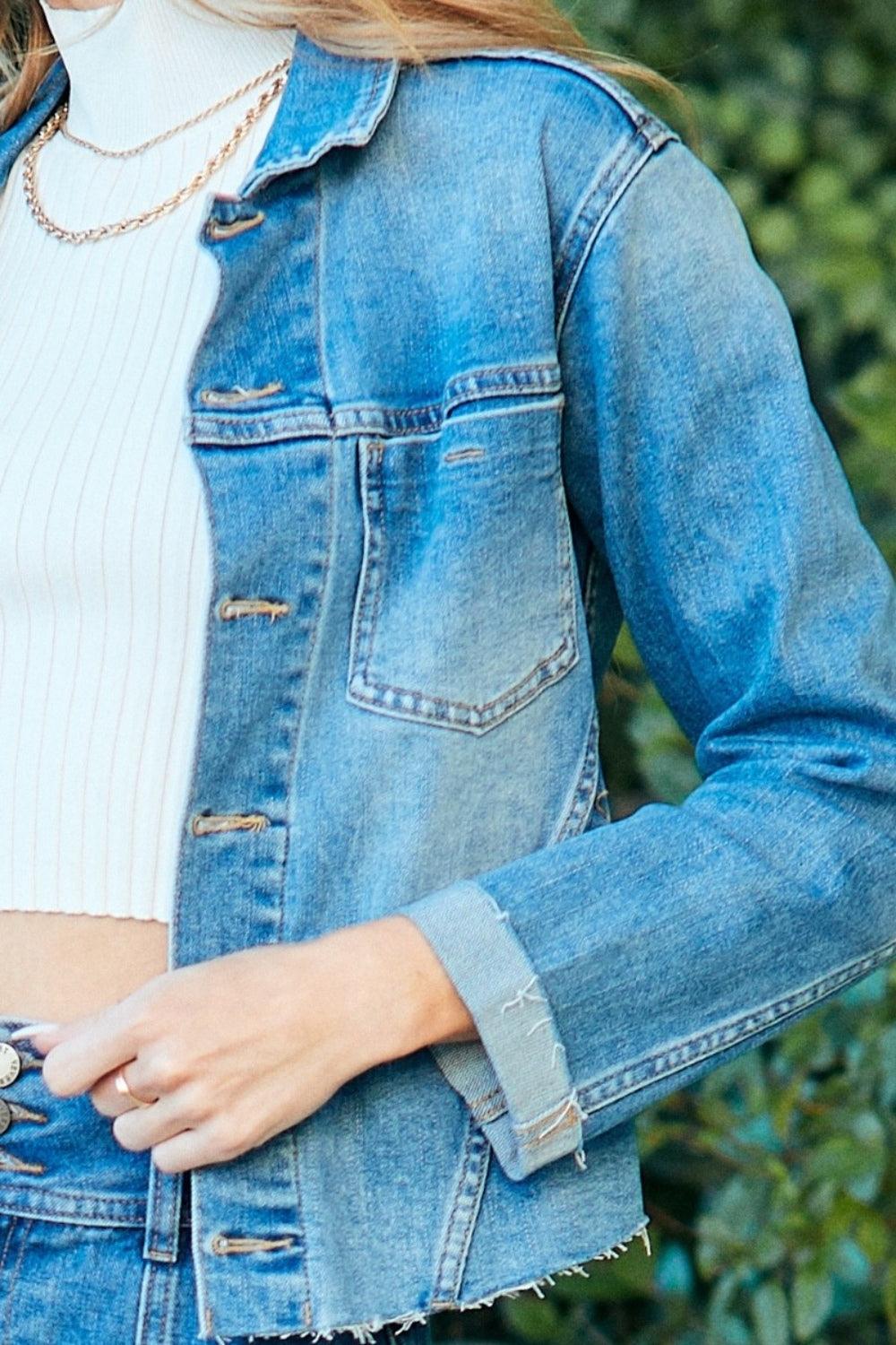 Veveret Button Up Raw Hem Denim Jacket Carauana Store