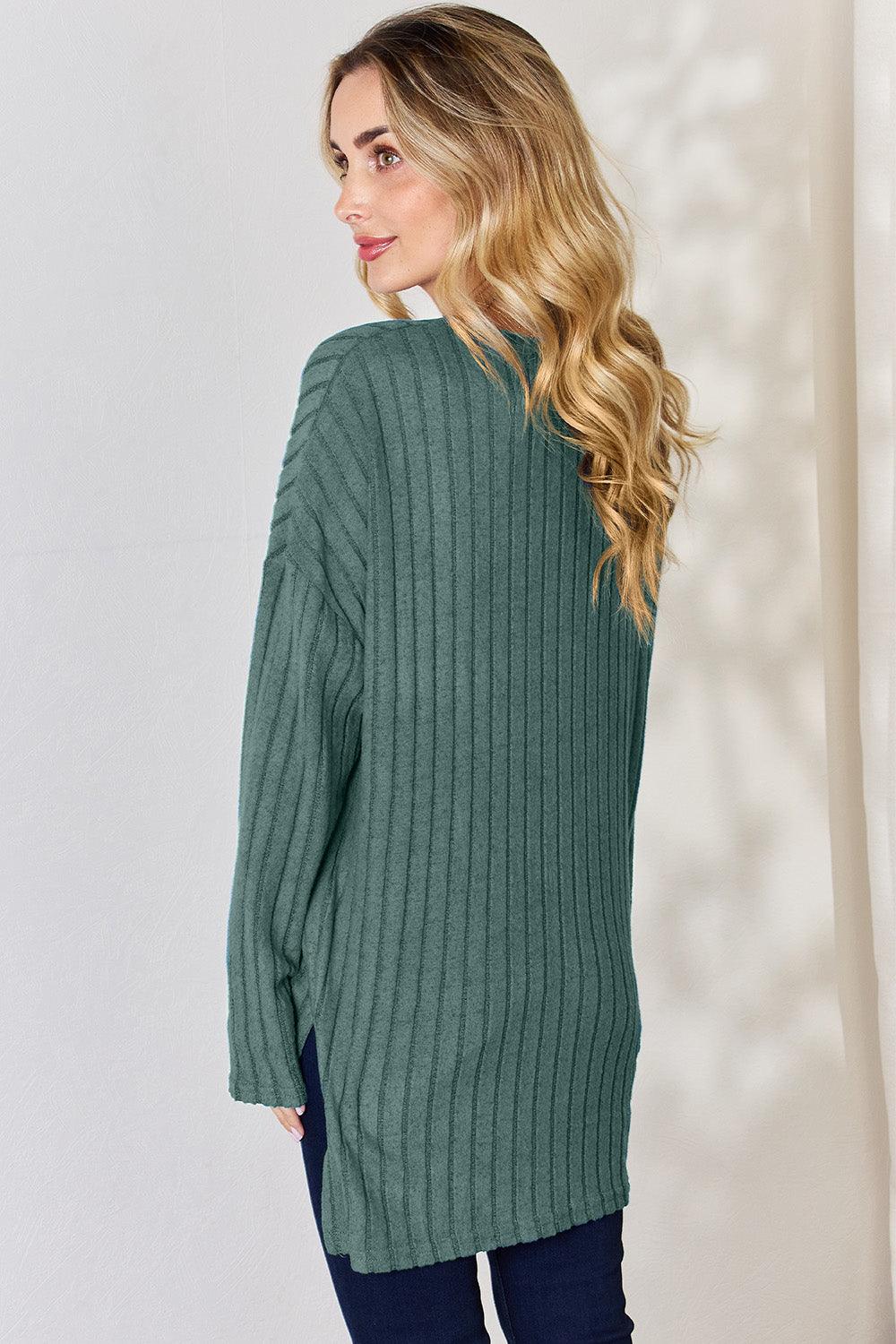 Basic Bae Full Size Ribbed Half Button Long Sleeve High-Low T-Shirt Carauana Store