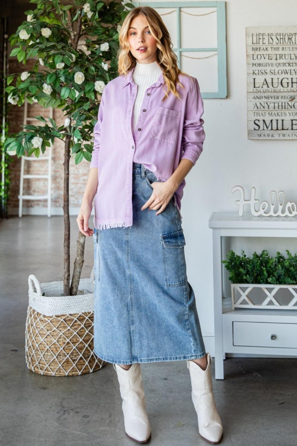 Veveret Raw Hem Button Up Long Sleeve Shirt Carauana Store