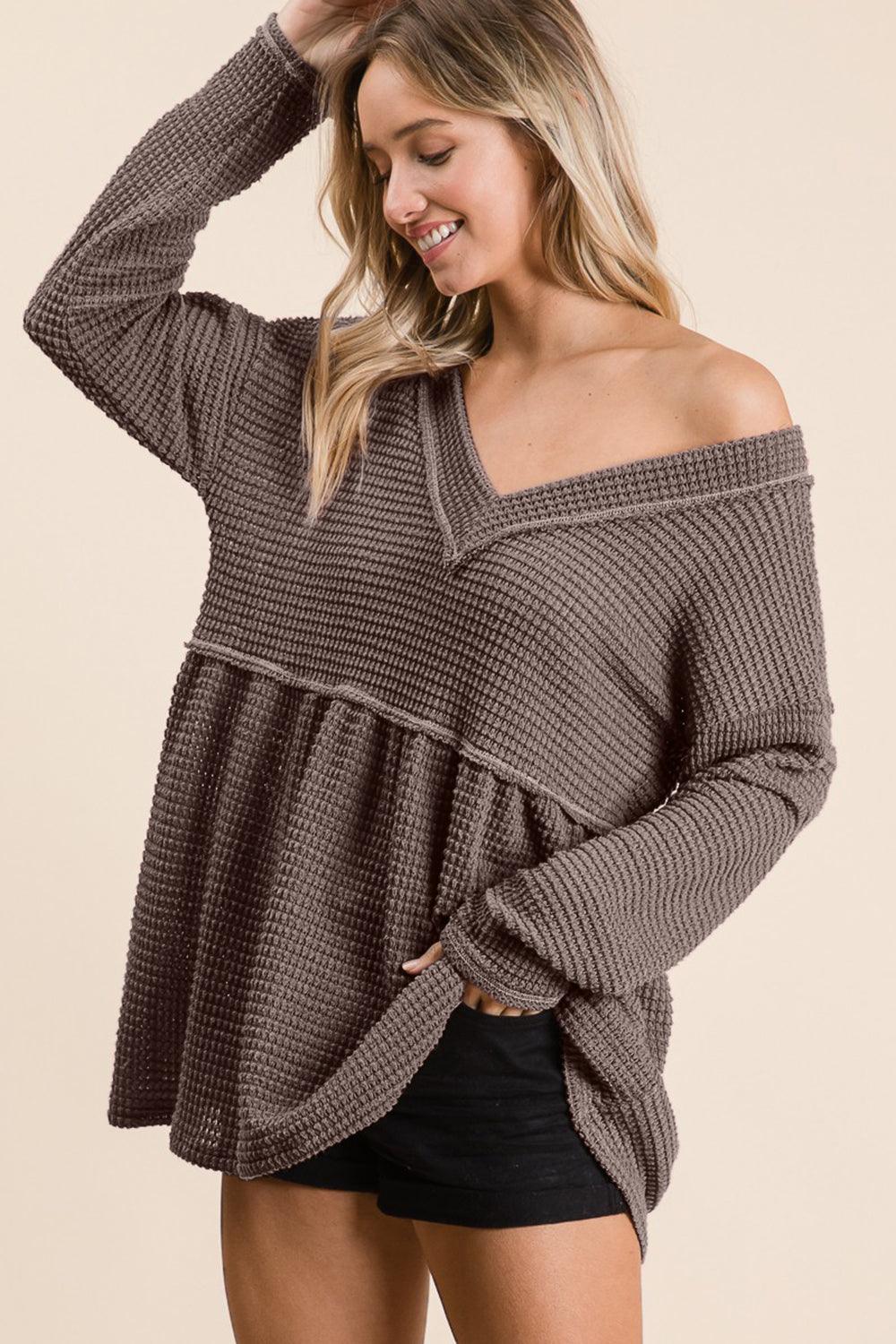 BiBi Waffle Knit V-Neck Babydoll Blouse Carauana Store