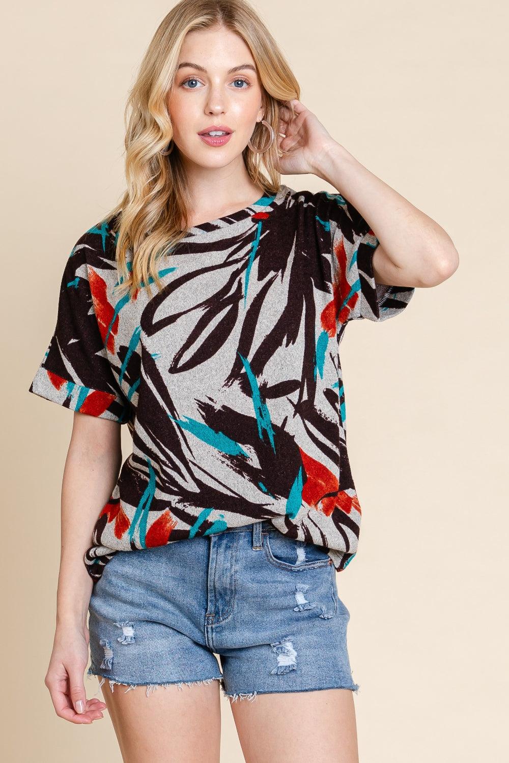 BOMBOM Printed Round Neck Short Sleeve T-Shirt Carauana Store