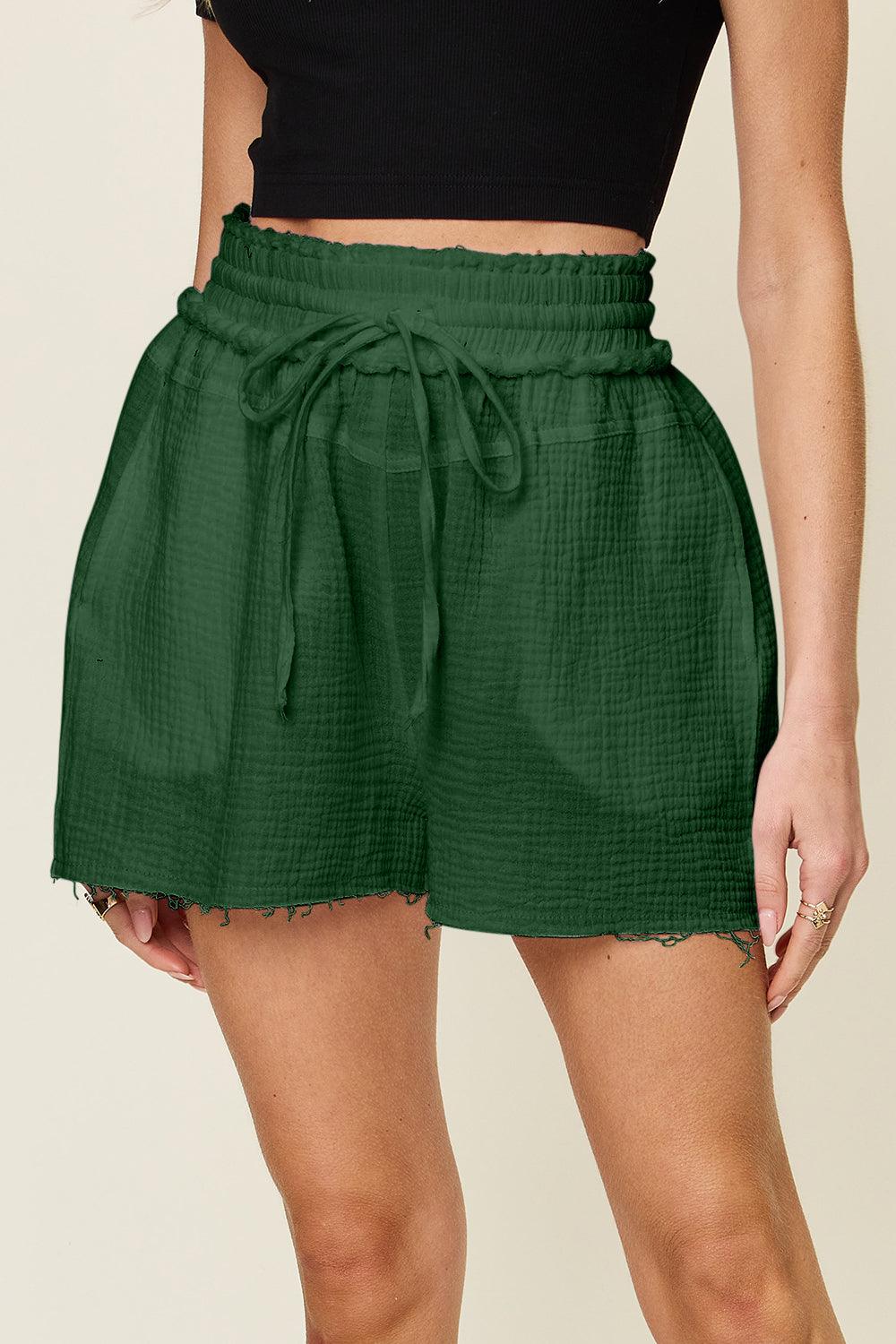 Double Take Full Size Texture Raw Trim Drawstring Shorts Carauana Store