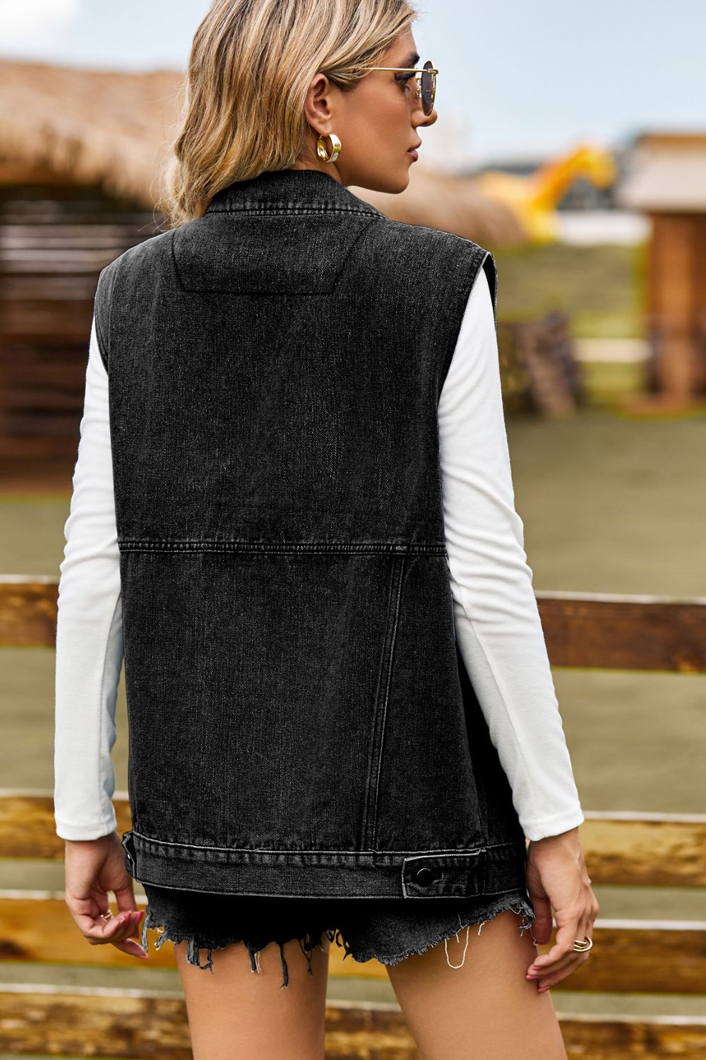 Sleeveless Collared Neck Denim Top with Pockets Carauana Store