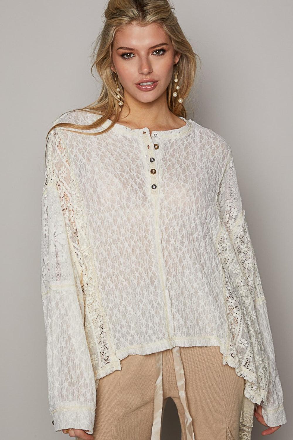 POL Round Neck Long Sleeve Raw Edge Lace Top Carauana Store