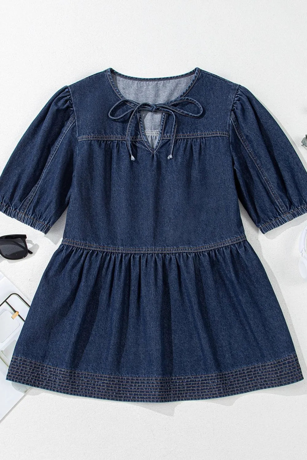 Tie Neck Babydoll Denim Top Carauana Store
