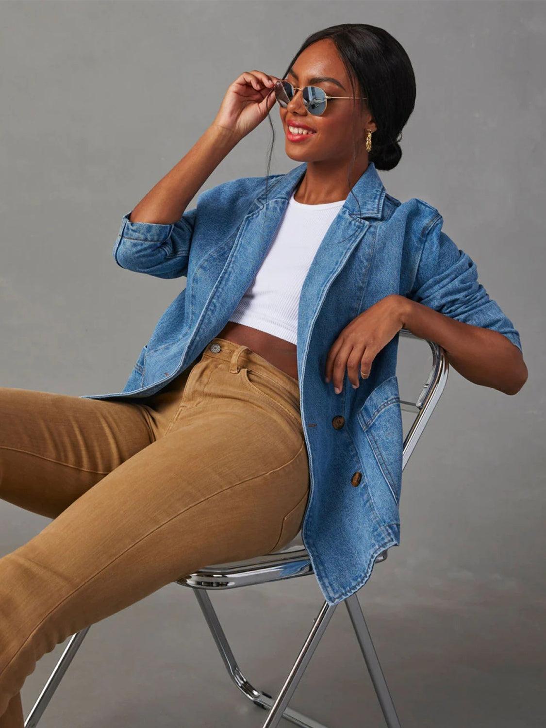 Collared Neck Long Sleeve Denim Jacket Carauana Store