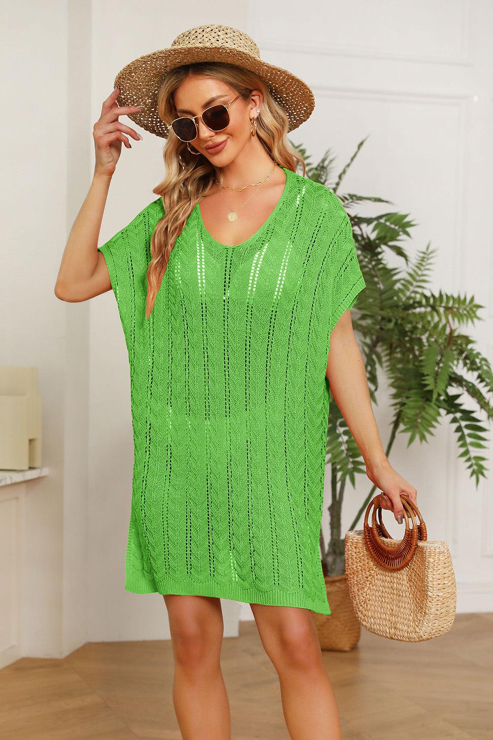 Double Take Openwork Short Sleeve Slit Knit Cover Up Carauana Store