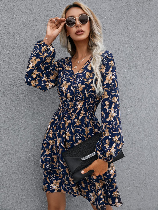 Floral Layered Surplice Balloon Sleeve Dress Carauana Store