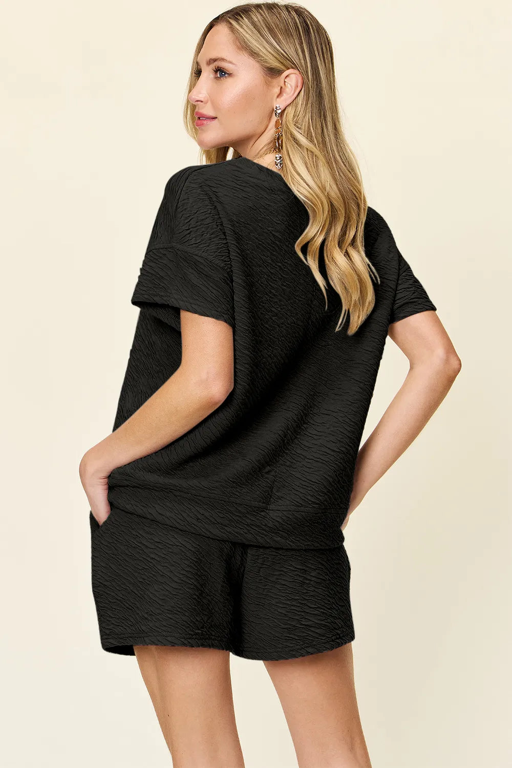 Double Take Full Size Texture Short Sleeve T-Shirt and Drawstring Shorts Set Carauana Store