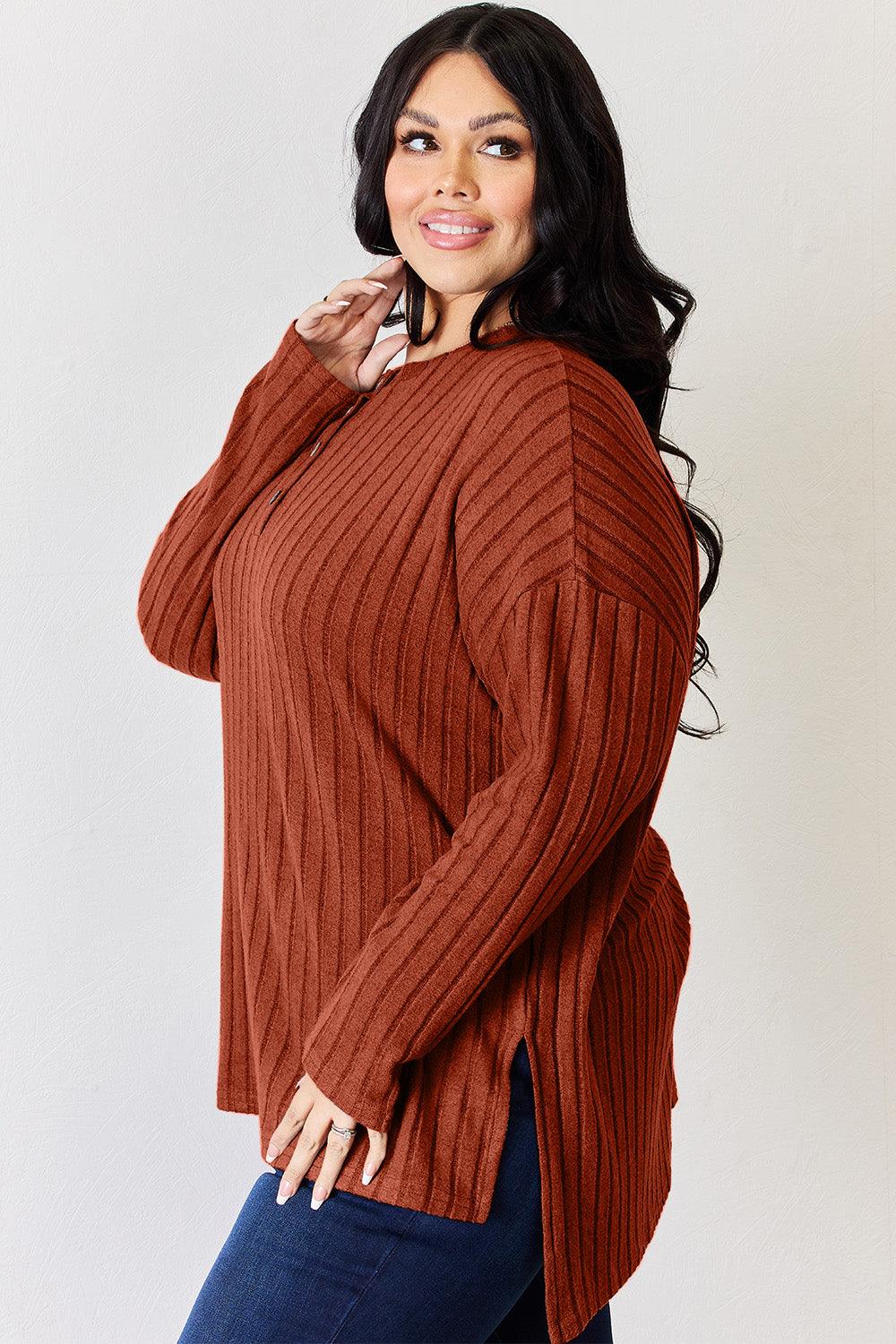 Basic Bae Full Size Ribbed Half Button Long Sleeve High-Low T-Shirt Carauana Store