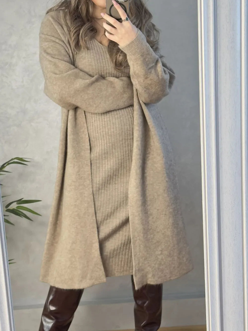 V-Neck Cami Dress and Open Front Cardigan Sweater Set Carauana Store