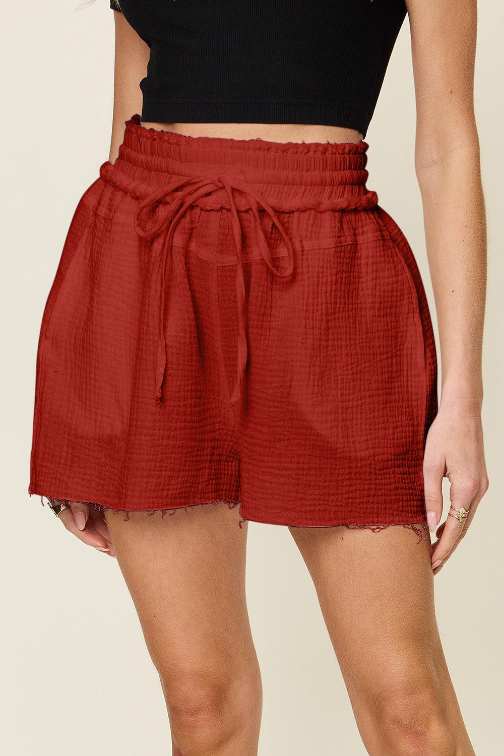 Double Take Full Size Texture Raw Trim Drawstring Shorts Carauana Store