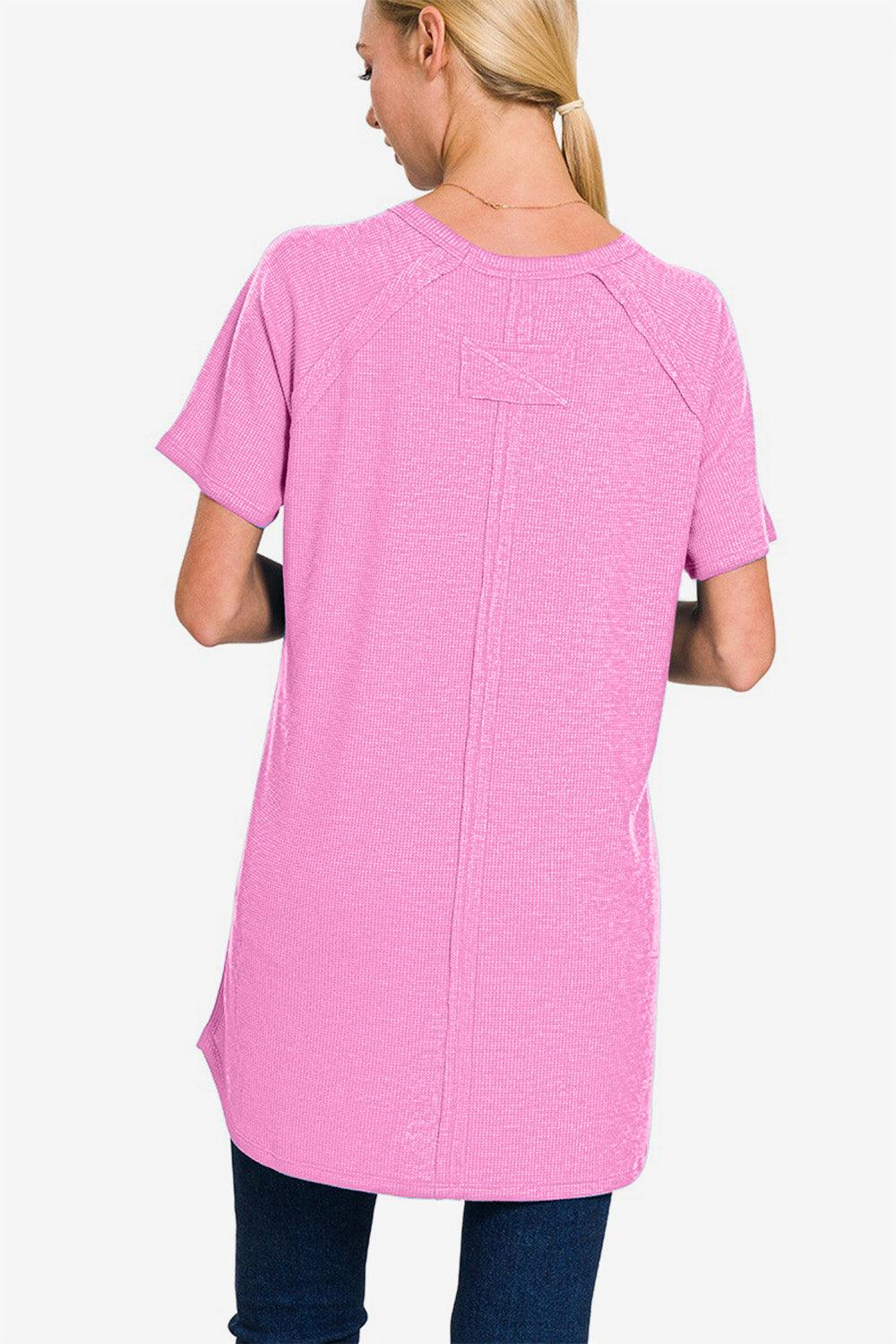 Zenana Slit Round Neck Short Sleeve Waffle Top Carauana Store