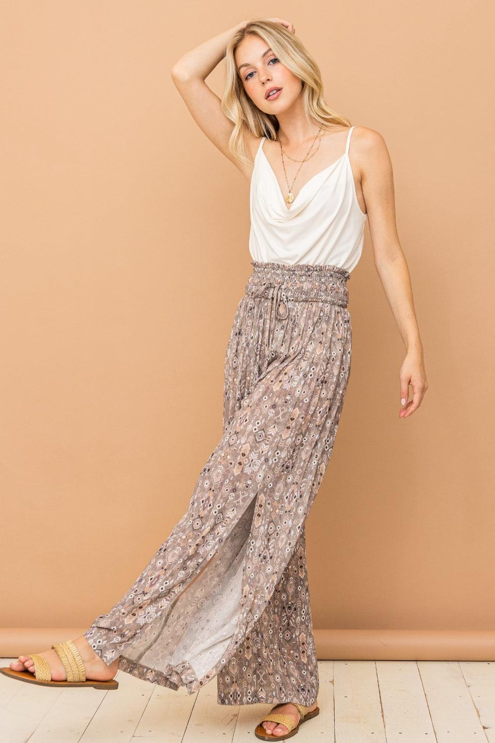 And The Why Printed Smocked Waist Slit Wide Leg Pants Carauana Store
