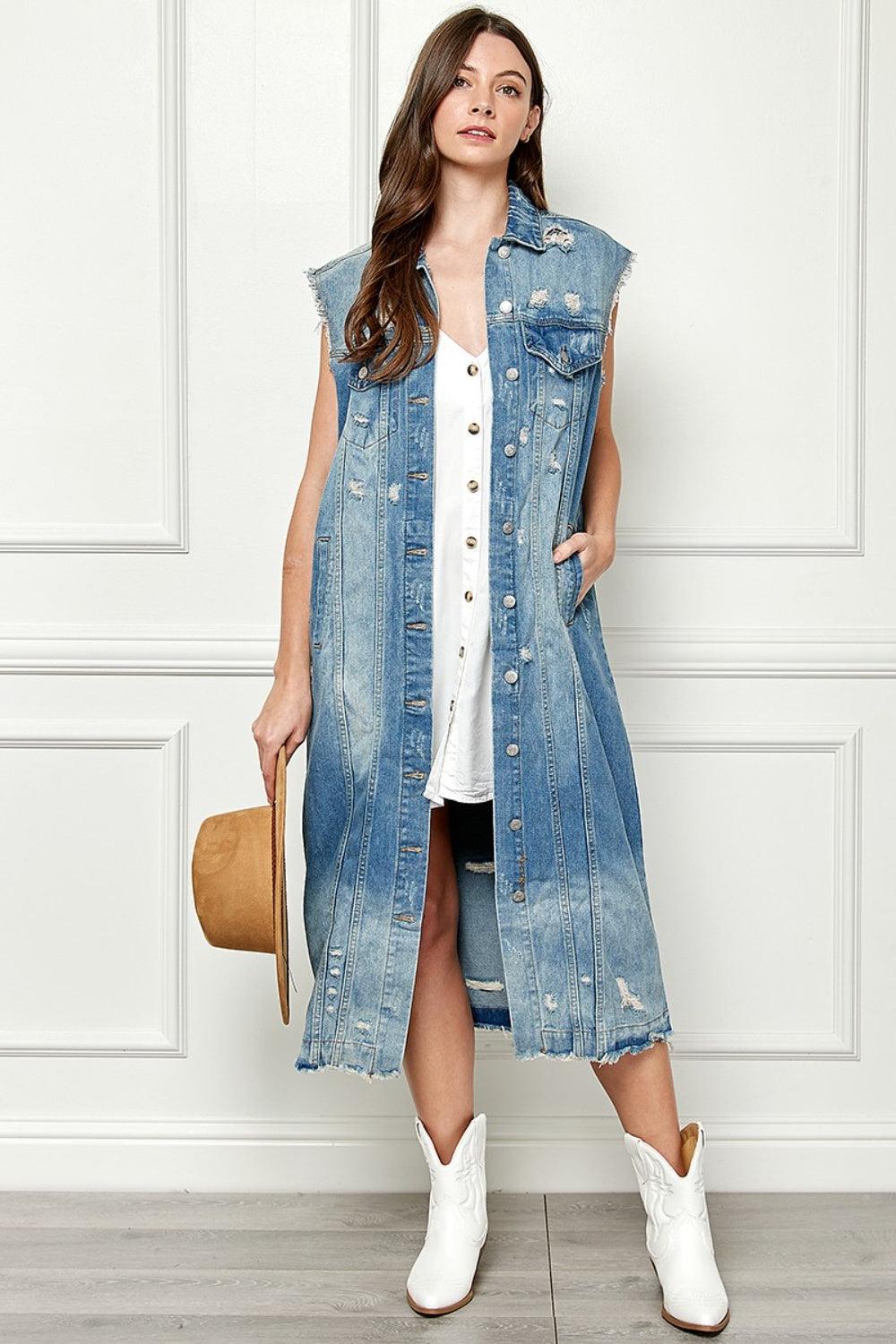 Veveret Full Size Distressed Sleeveless Longline Denim Jacket Carauana Store