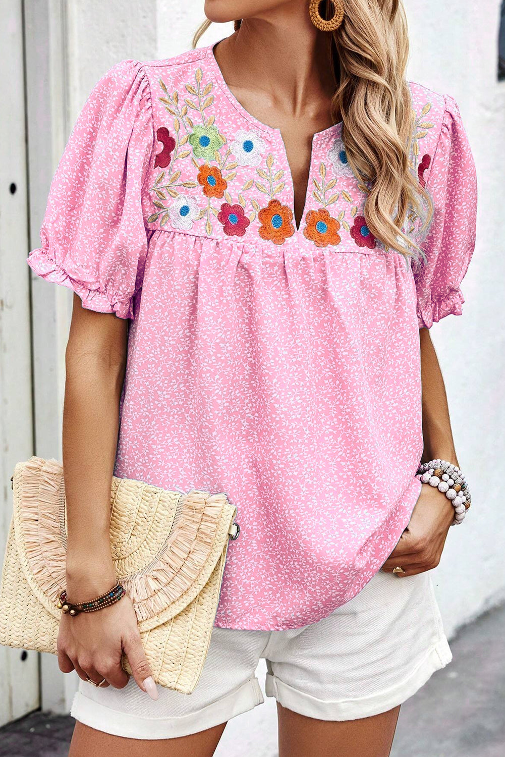 Pink Floral Embroidered Puff Sleeve Notched V Neck Blouse