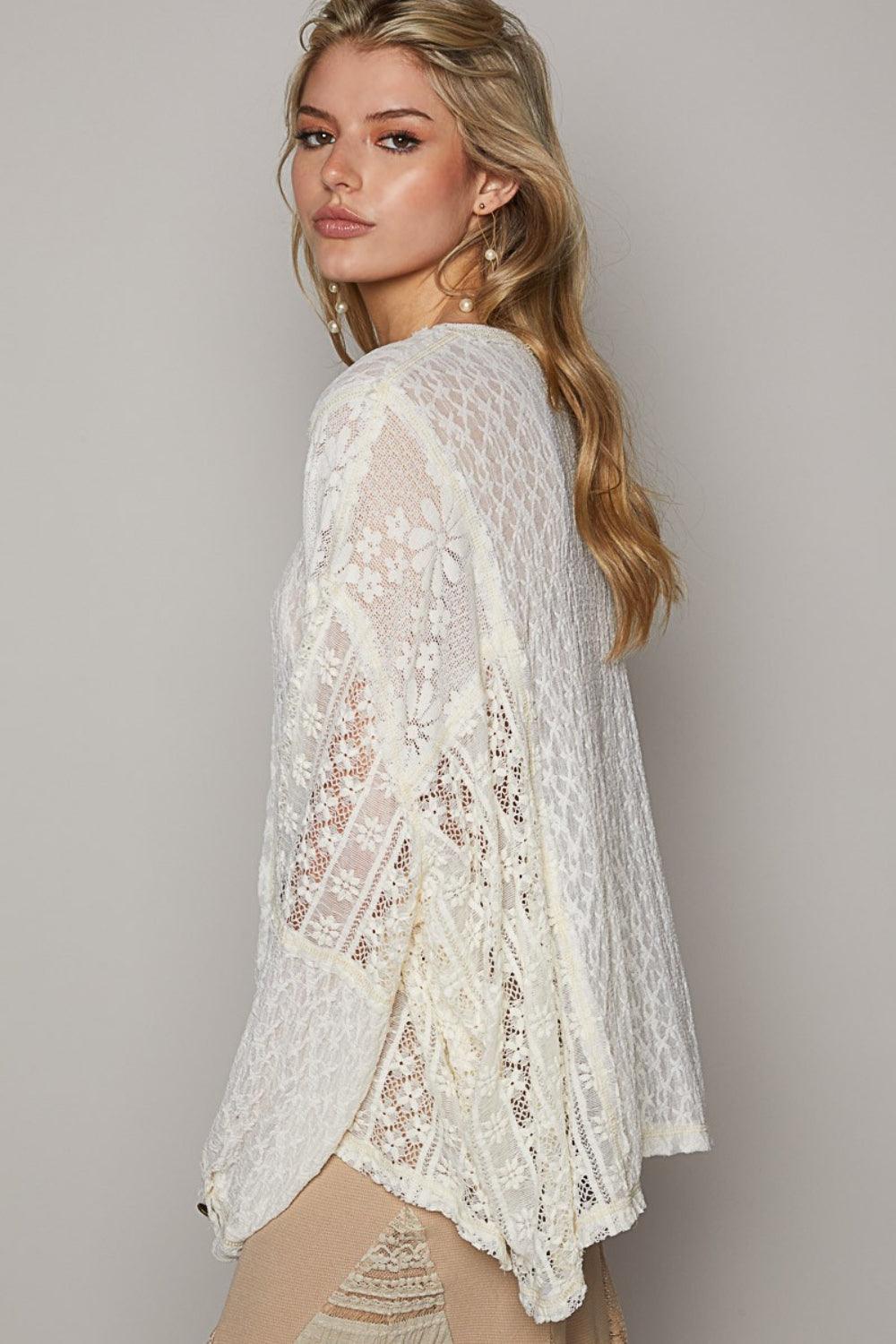 POL Round Neck Long Sleeve Raw Edge Lace Top Carauana Store