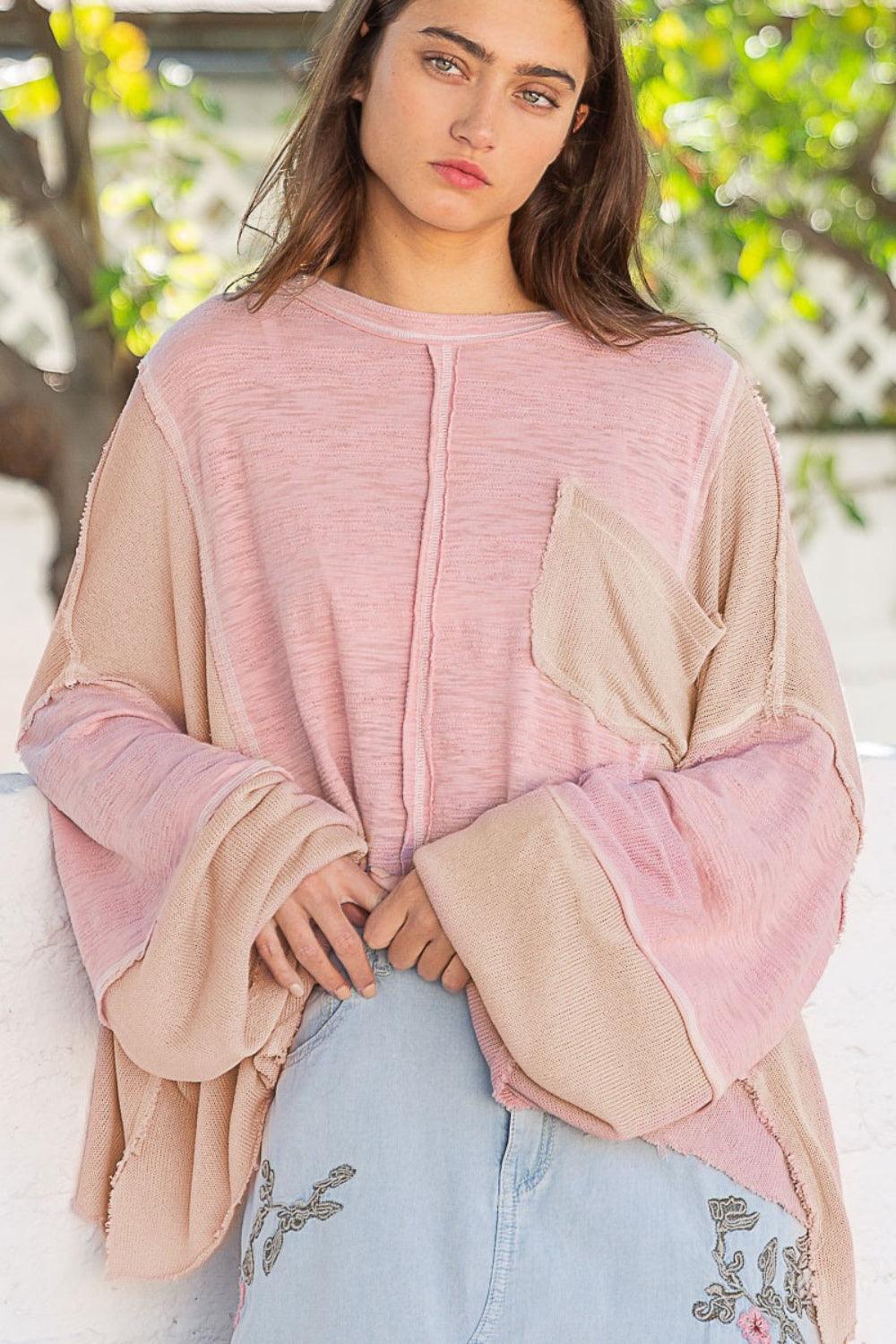 POL Round Neck Contrast Stitching High-Low Top Carauana Store