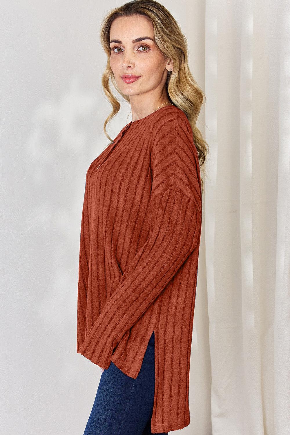 Basic Bae Full Size Ribbed Half Button Long Sleeve High-Low T-Shirt Carauana Store