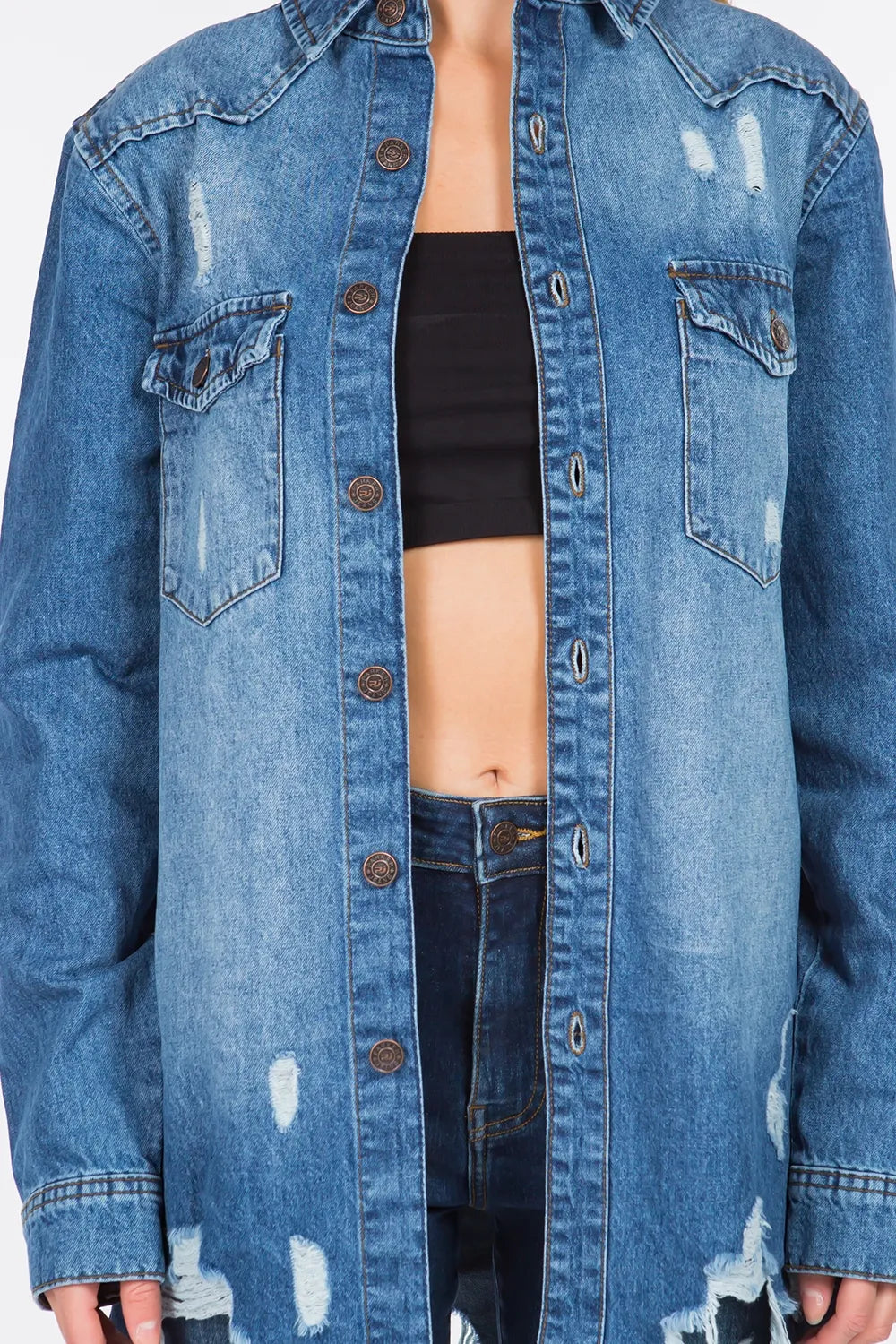 American Bazi Distressed Frayed Hem Denim Jacket Carauana Store