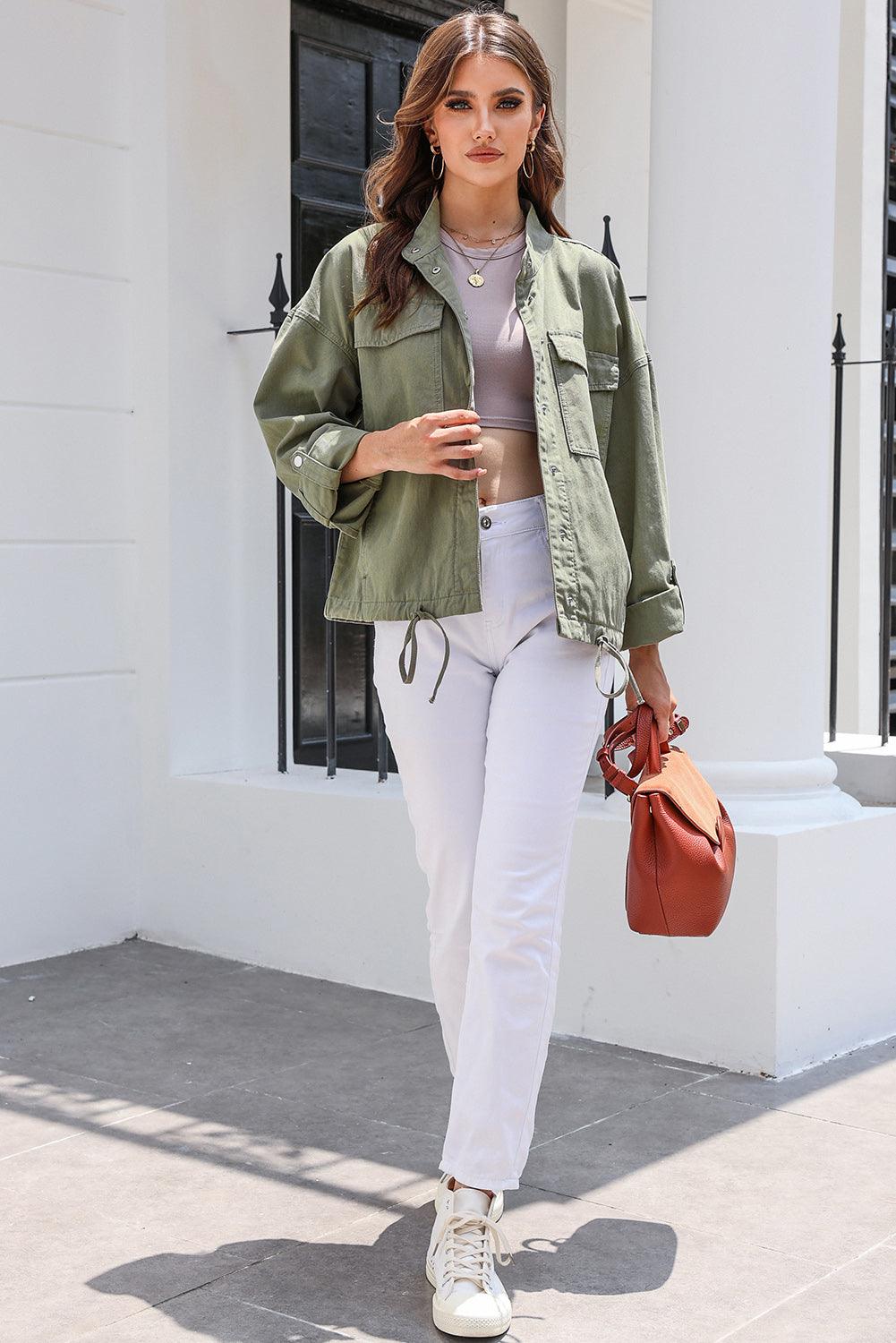 Drawstring Snap Down Dropped Shoulder Denim Jacket Carauana Store