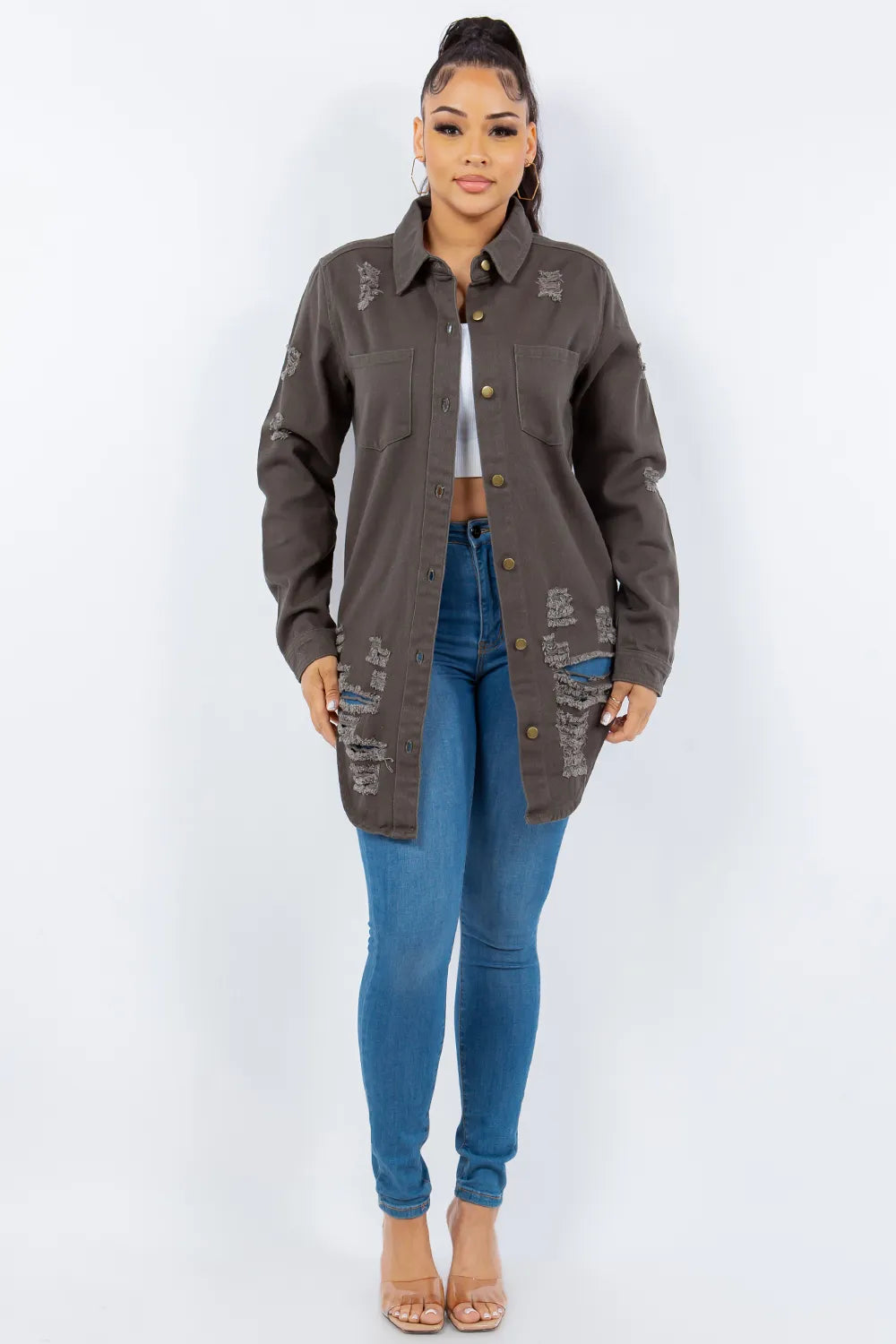American Bazi Distressed Button Up Long Sleeve Denim Jacket Carauana Store