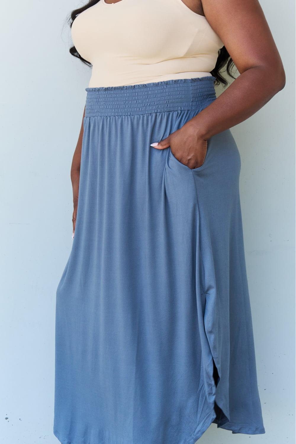 Doublju Comfort Princess Full Size High Waist Scoop Hem Maxi Skirt in Dusty Blue Carauana Store