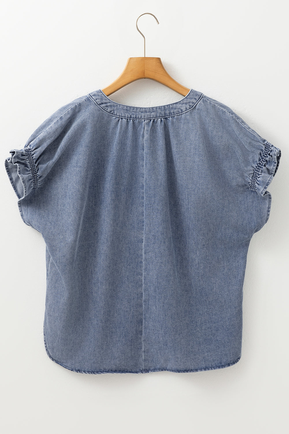 Dusk Blue V Neck Ruffled Short Puff Sleeve Denim Top