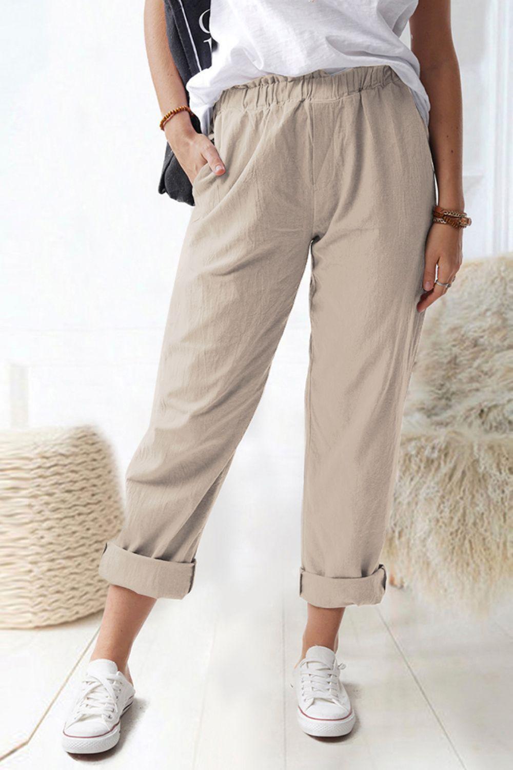 Paperbag Waist Pull-On Pants with Pockets Carauana Store