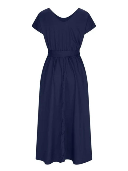 Ruched V-Neck Cap Sleeve Dress Carauana Store