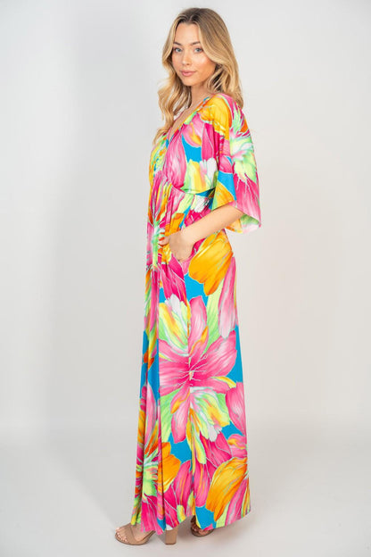 White Birch Printed V-Neck Maxi Dress with Pockets Carauana Store