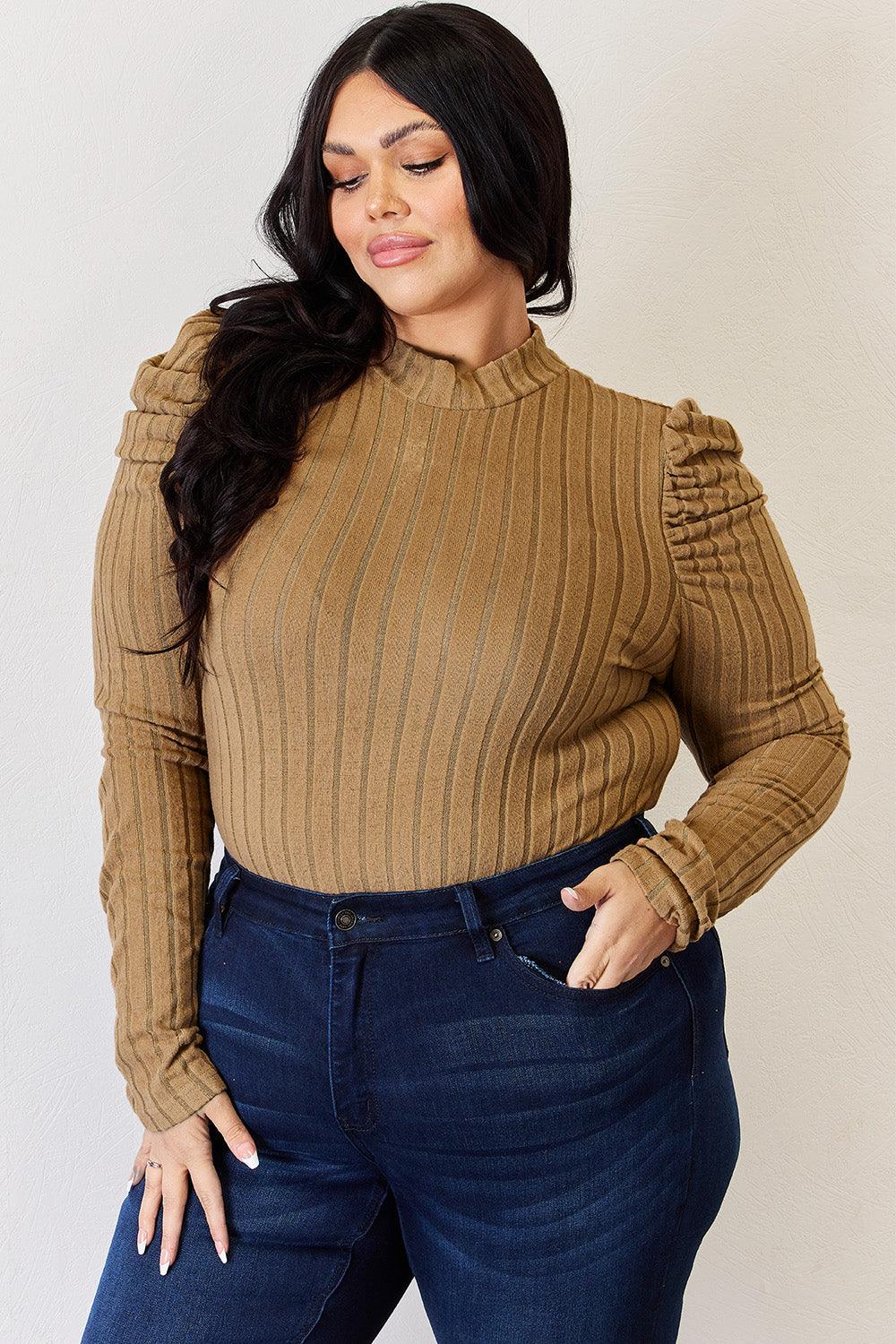 Basic Bae Full Size Ribbed Mock Neck Puff Sleeve T-Shirt Carauana Store